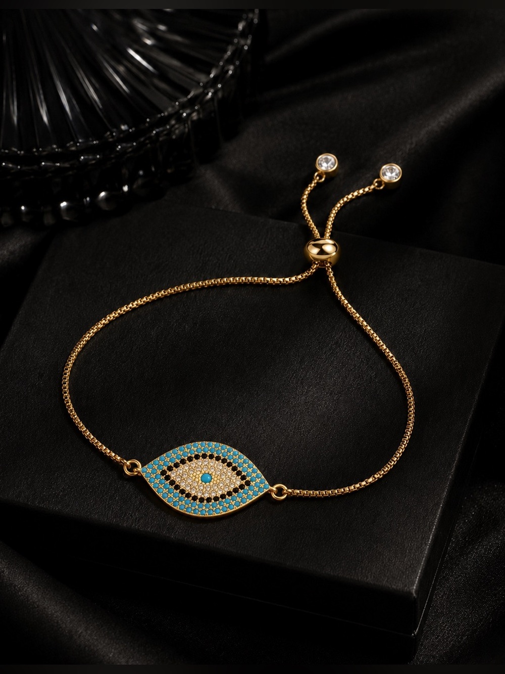 Luxury Gold Turquoise Evil Eye Bolo Bracelet - CZ Pave Protection Charm